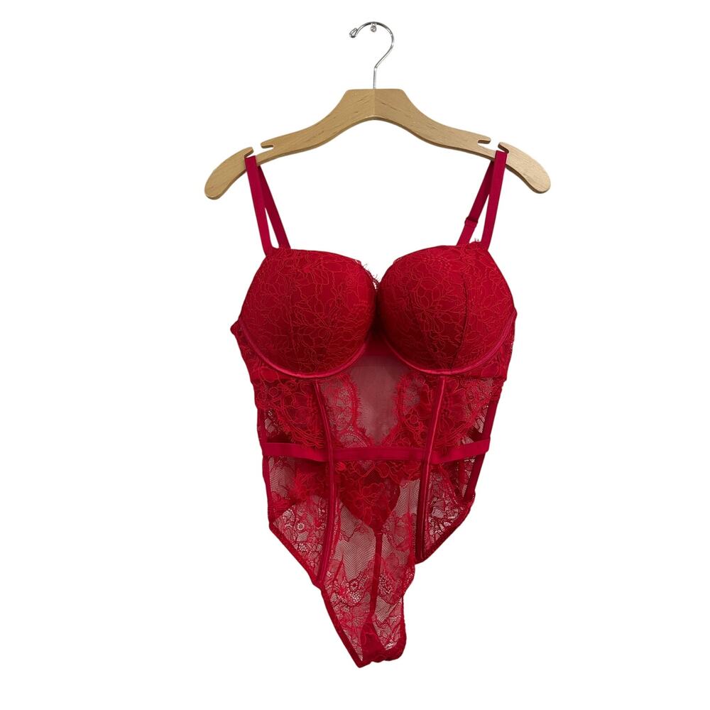Victoria Secret Red Lace Teddy Lingerie Bodysuit Thong NWT Size Large Sexy